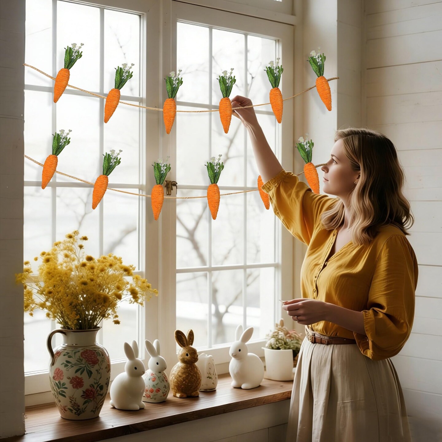 Easter Garland Decor, 12 Pcs Carrot Ornament for Mantel Decorations, 8.5 FT Hanging Artificial Carrots Garland Carrot Banner for Fireplace Home Kitchen Party