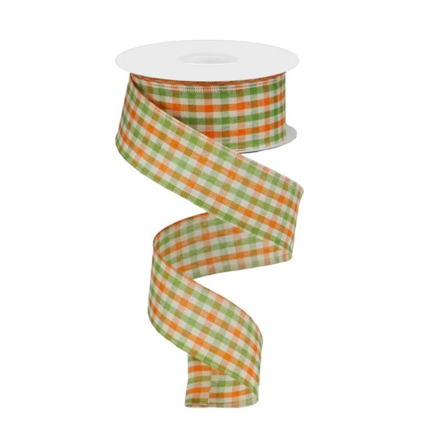 Woven Gingham Check Wired Ribbon – 1.5"x10yd Orange Moss Ivory-RGA1102K5