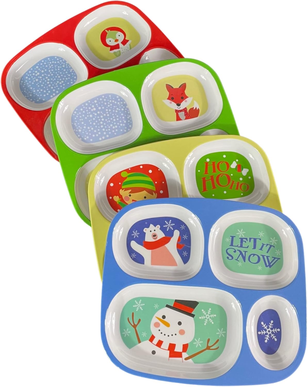 4E's Novelty Kids Christmas Divided Plates – 4-Pack BPA-Free Melamine Holiday Dinnerware 1000-Character De