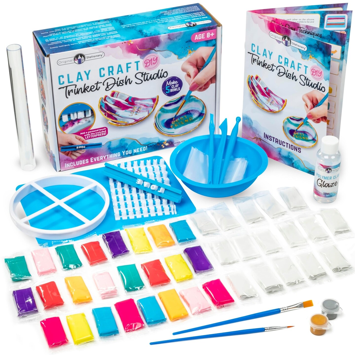 Original Stationery Clay Craft DIY Trinket Dish Studio, 40-Pieces Colorful Modeling Clay Kit for Kids with Tools, Letter Press for Art and Crafts, Ideal Birthday and Easter Gift