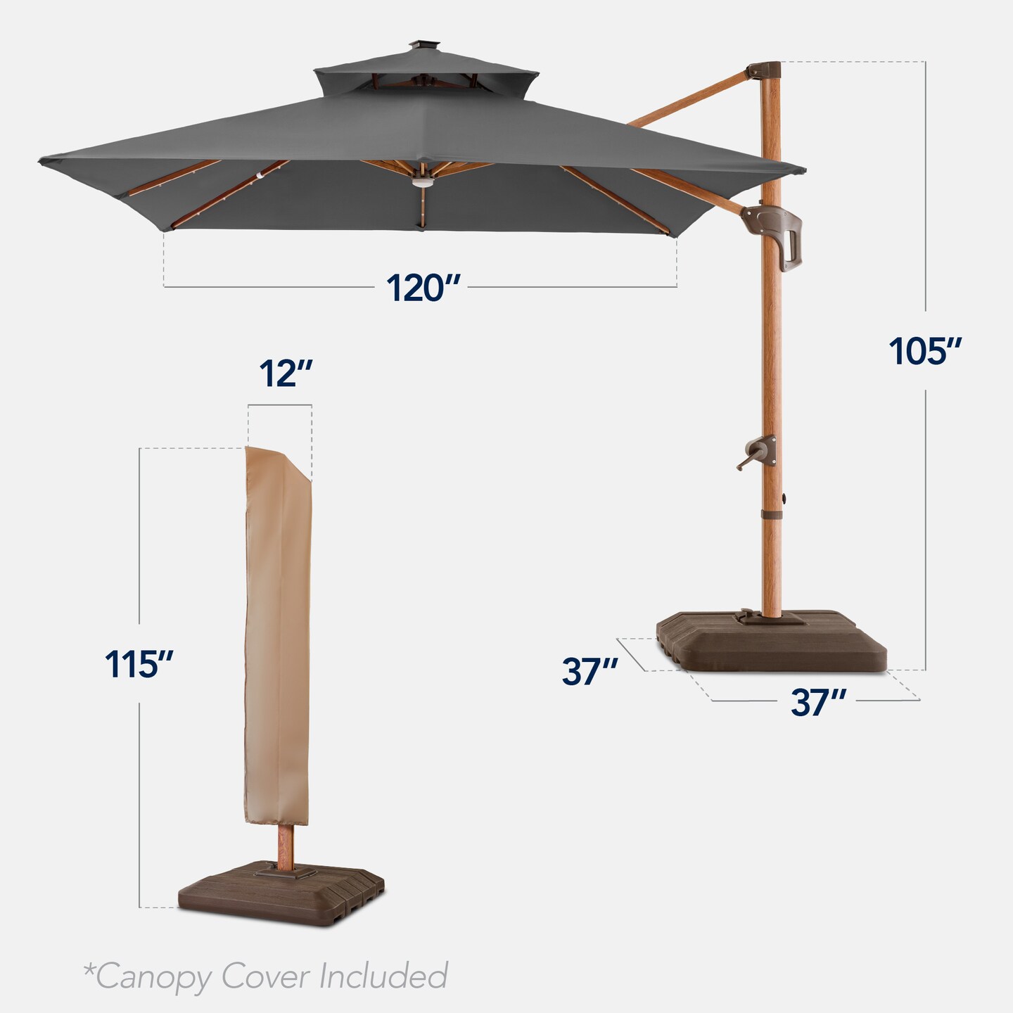 Best Choice Products 10ft Square Woodgrain Pattern 2-Tier Outdoor Solar LED Cantilever Umbrella w/ Base