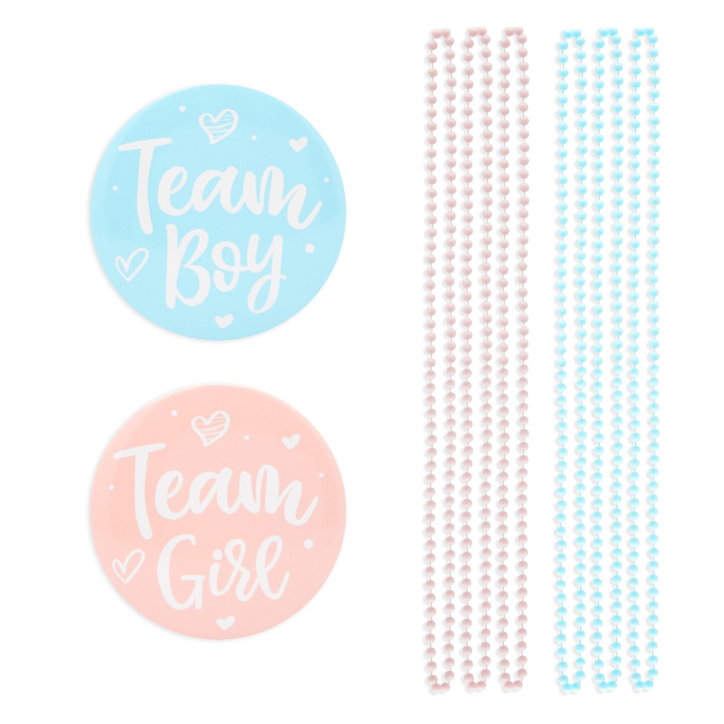 Baby Gender Reveal Party Favors, Team Boy and Girl Button Pins, Bead Necklaces (48 Pieces)