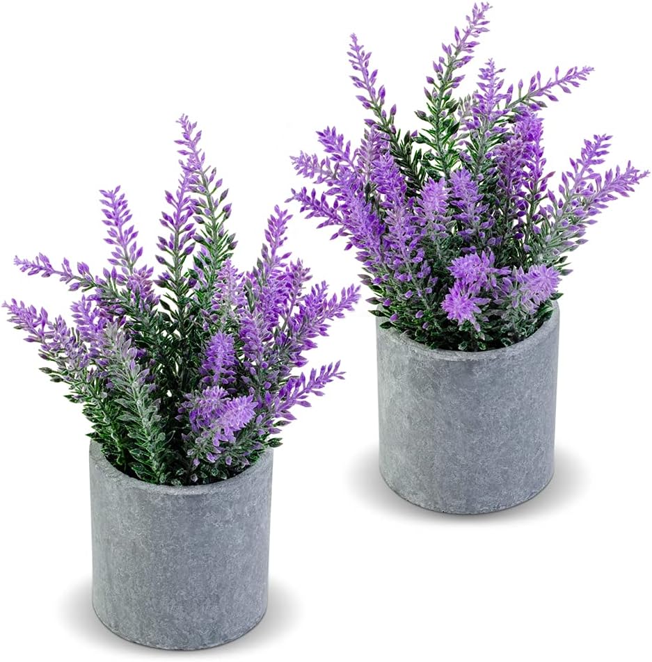 Artificial Summer Lavender Plant in Pots - Faux Lavender Flowers Decor &#x2013; Fake Flowers Purple Decor Summer Plant Potted Bathroom Bedroom Kitchen Farmhouse Home 2 Pack