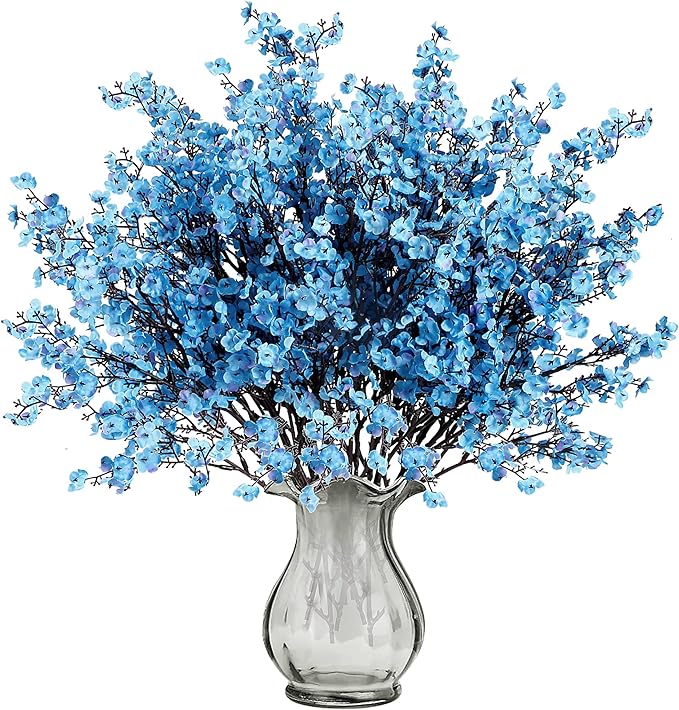 10pc Blue Baby's Breath Artificial Flowers - 19" Real Touch Silk Gypsophila Bouquets for DIY Wedding Floral Arrangements, Home Kitchen Table Centerpieces & Party Decor