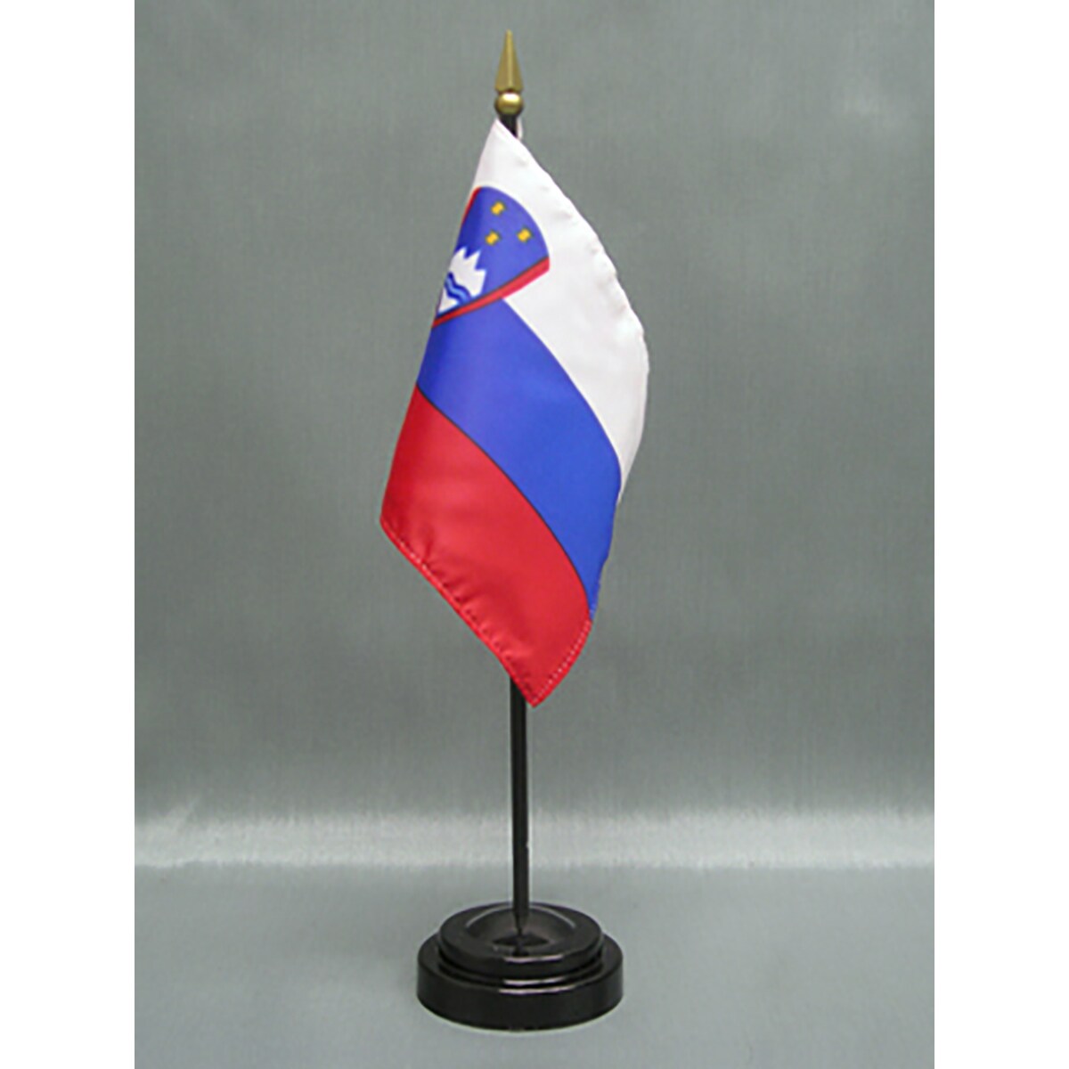Slovenia Desk Flag with Base; American Made Rayon 4x6 inch Miniature Table Set Includes One Small Mini Country Stick Flags and One Black Stand