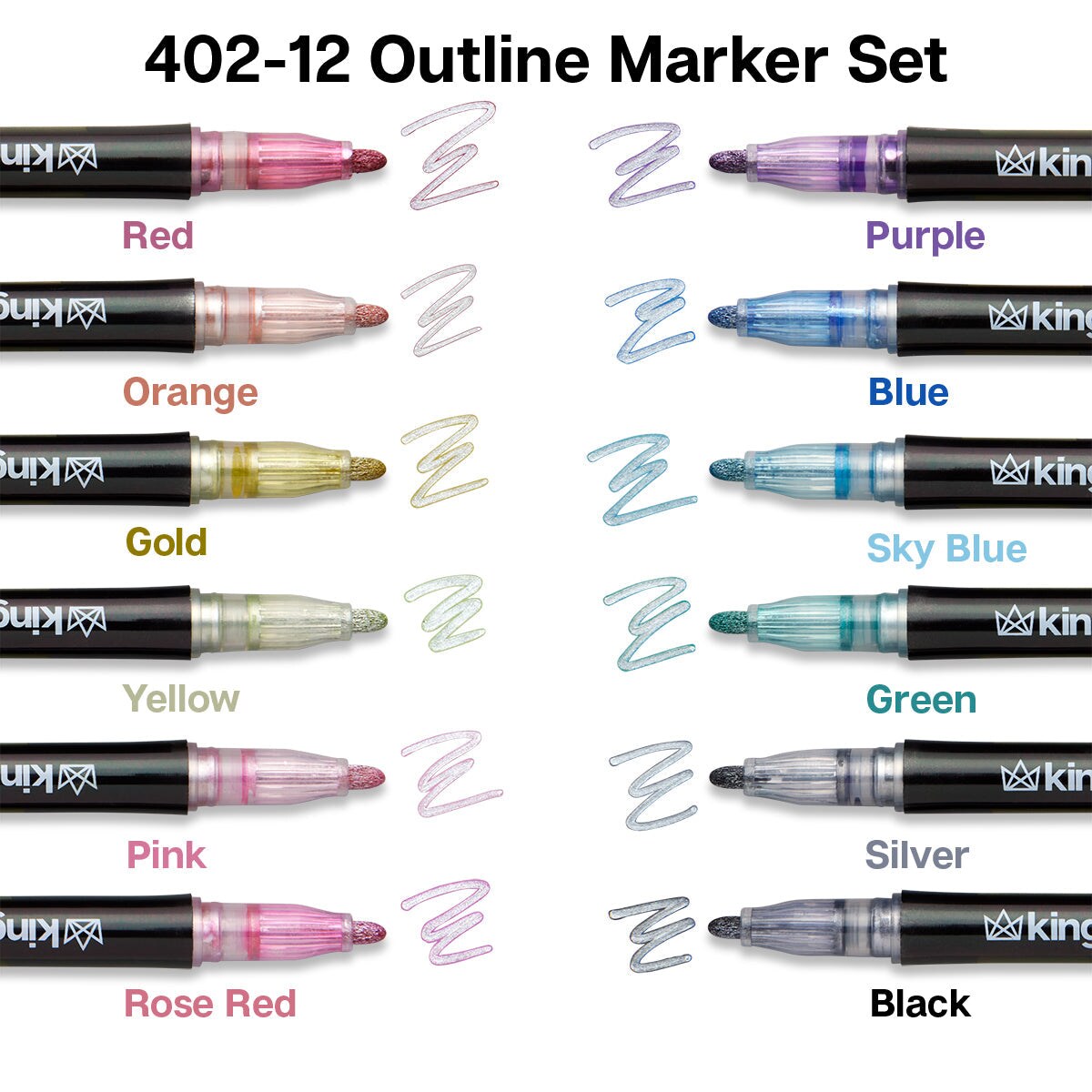 KINGART® Outline Markers - 12 pc. Set, Metallic Silver with Color Outlines