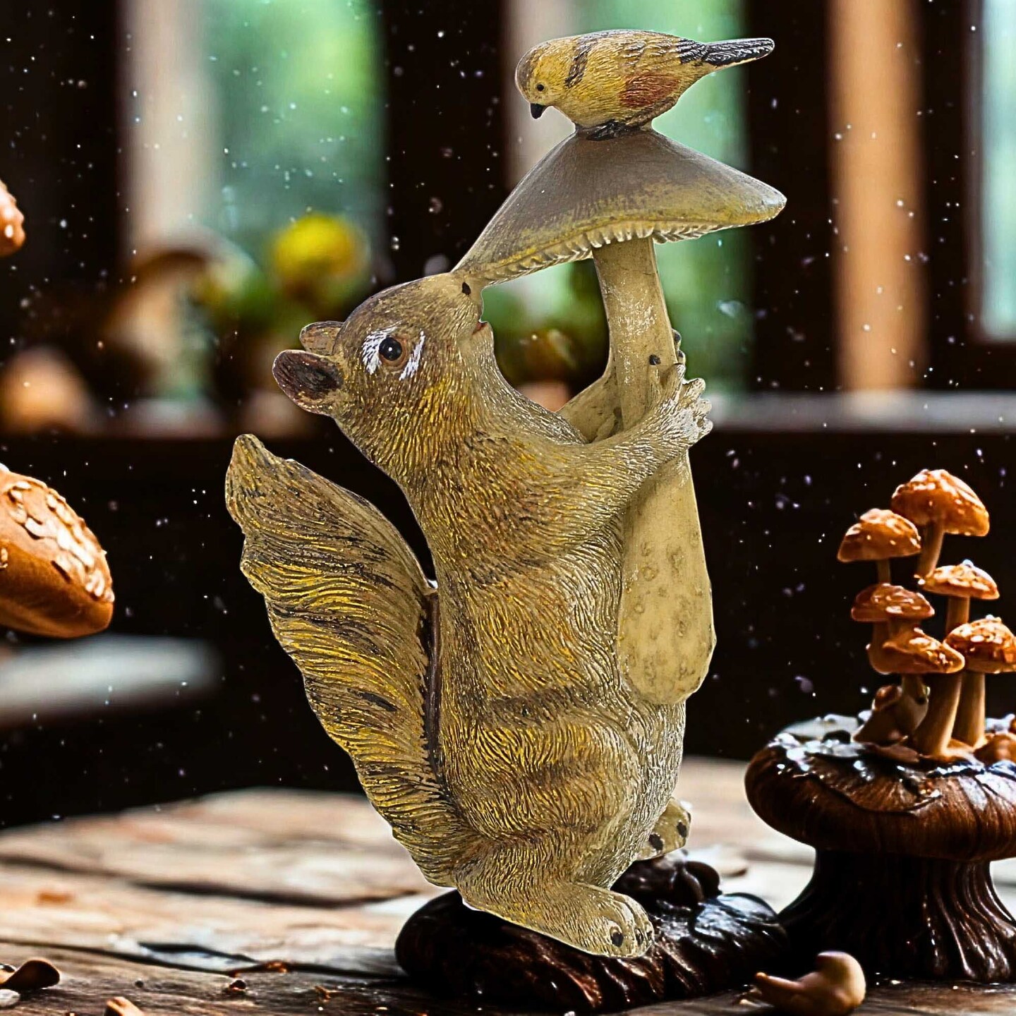 Roman 7.5 Inch Squirrel W/Mushroom & Bird Statue Summer Figurine , Lightweight Summer Decor Squirrel Garden