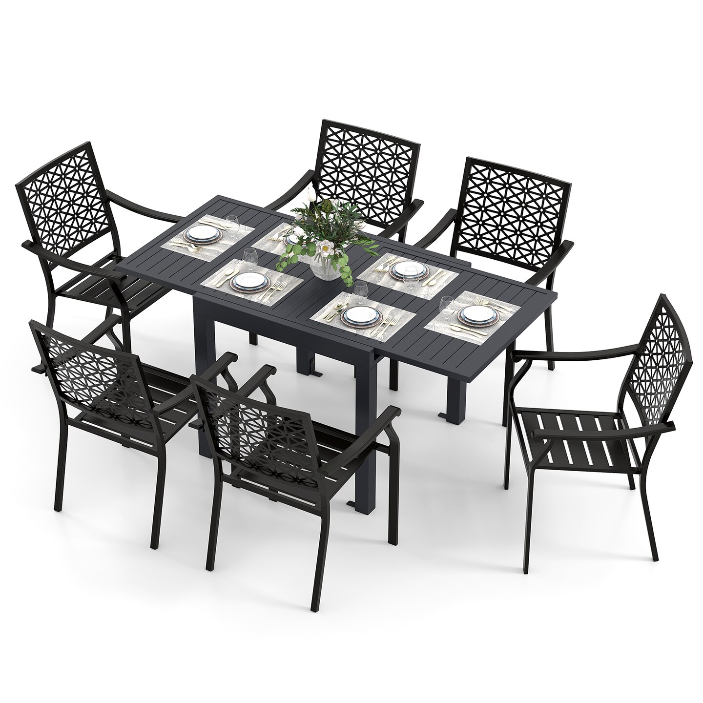 Rectangular Aluminum Patio Table with Stackable Slatted Chairs Set