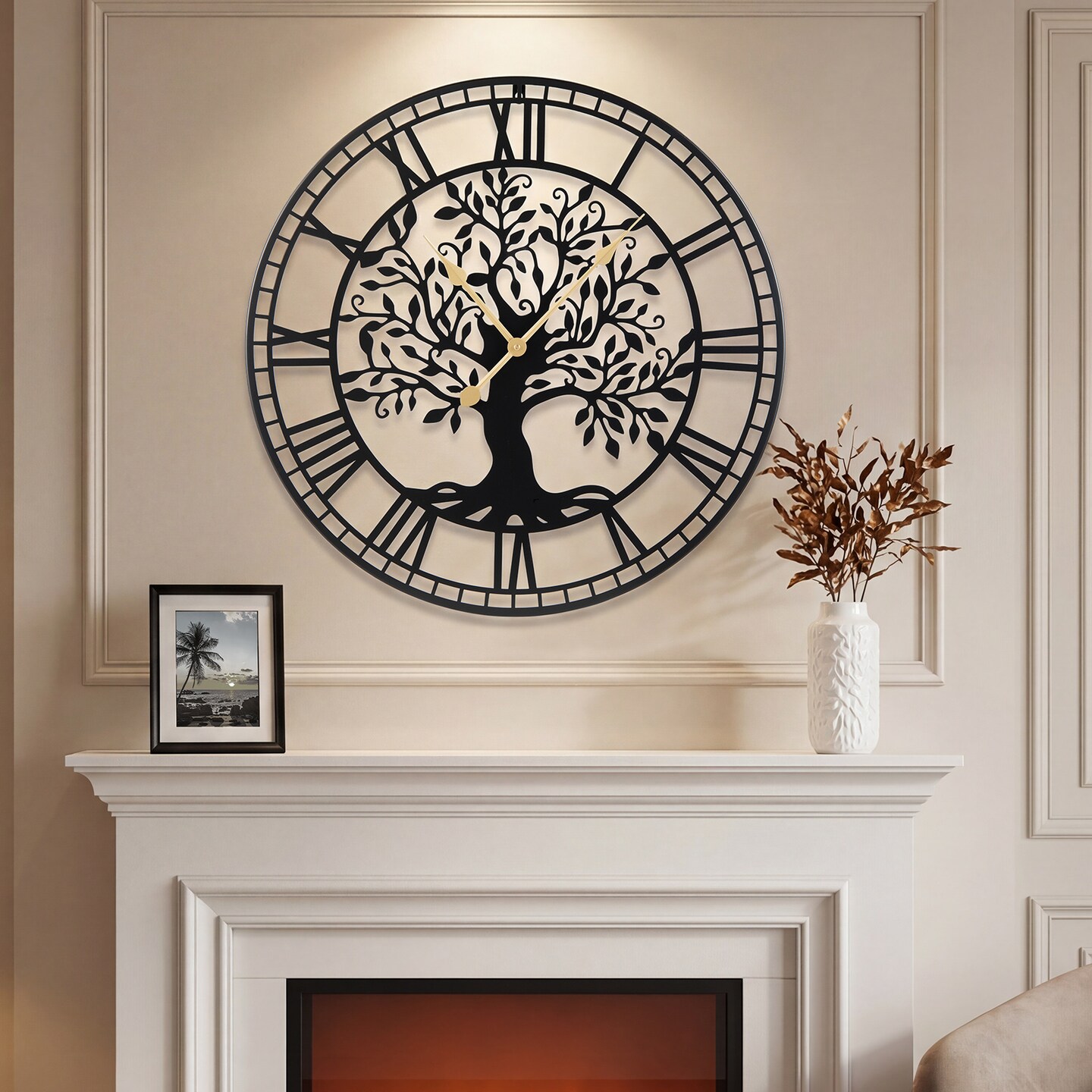 Black Wall Clock Tree of Life Non-Ticking Metal Decorative 27 Inch