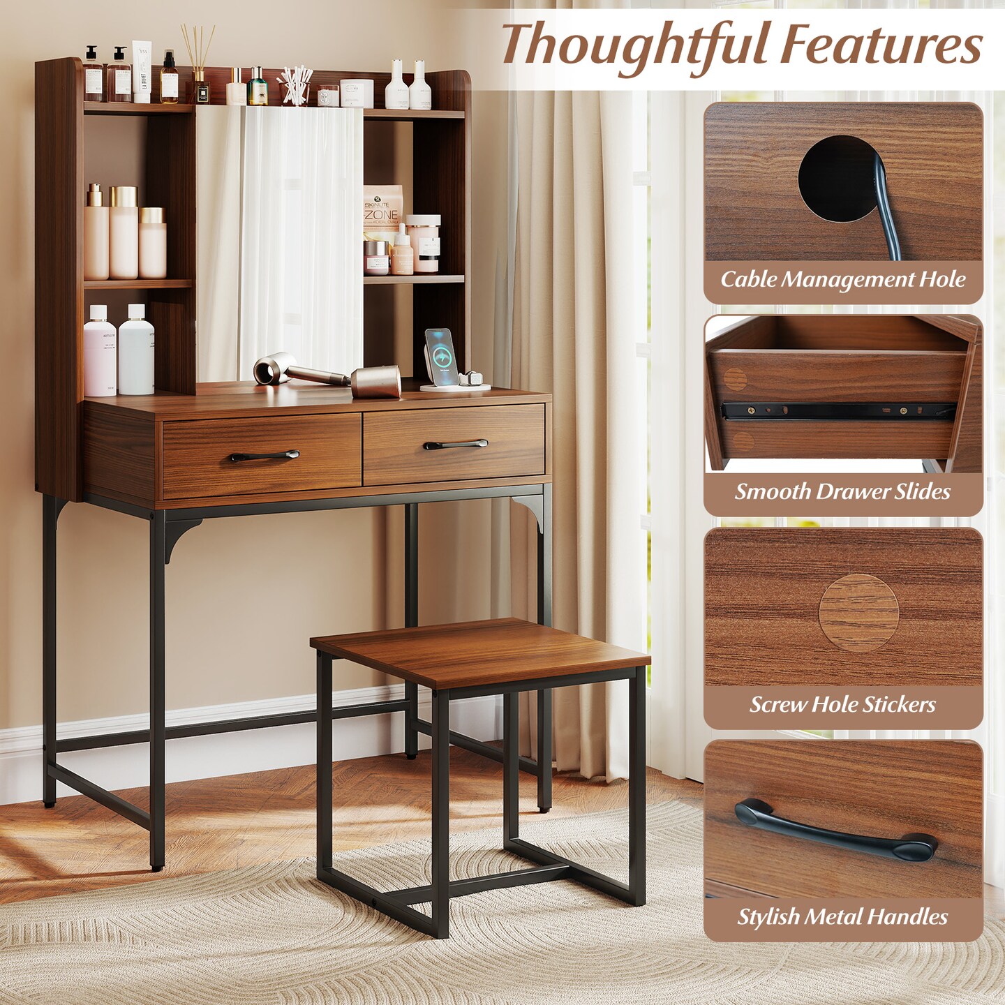 Walnut Vanity Table with Mirror USB Type-C Charging Storage Stool