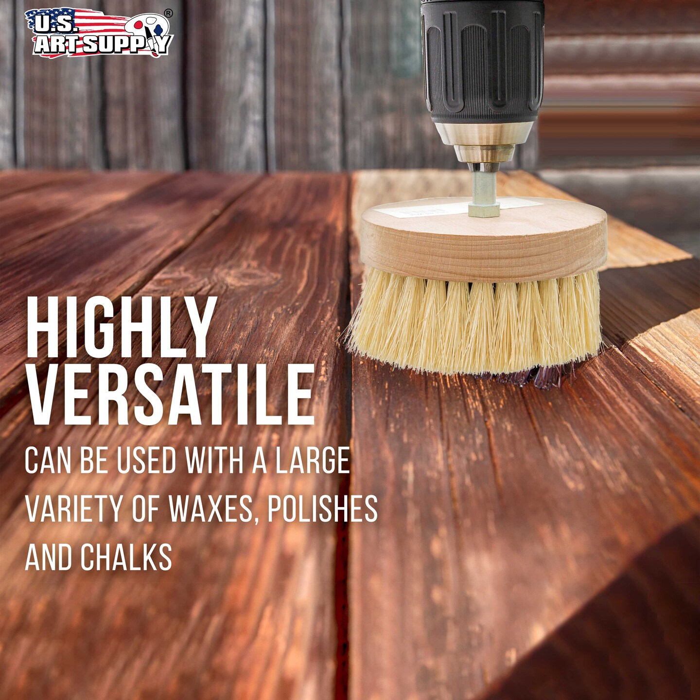 4&#x22; Wide Chalk and Wax Buffing Brush with 3/8&#x22; Drill Arbor - Unique Beechwood Base Design Prevents Water Damage, All Natural 1-3/8&#x22; Bristles