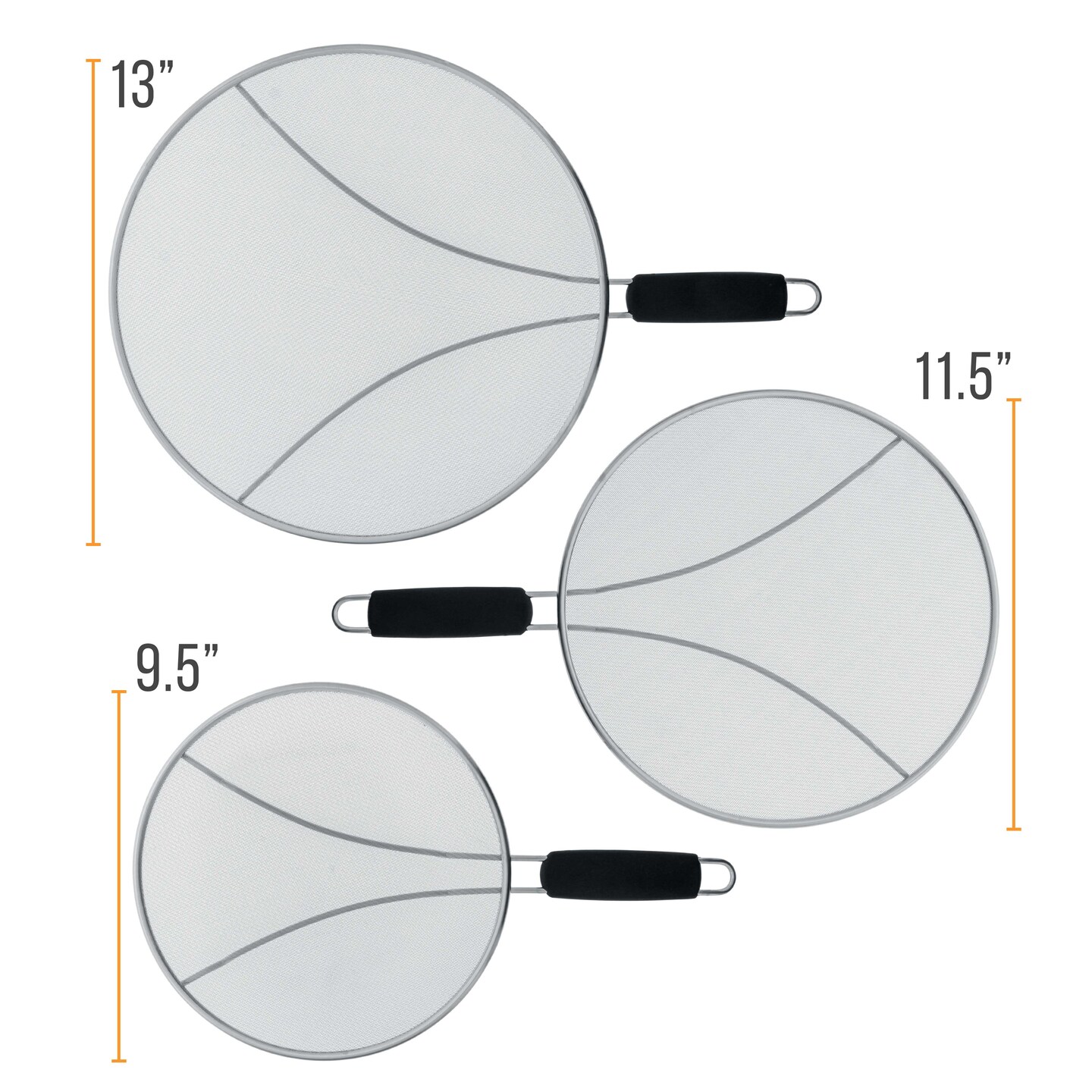 3-Piece Stainless Steel Splatter Guard Set (13&#x22;, 11.5&#x22;, 9.5&#x22;) Fine Mesh Cover, Grease &#x26; Oil, Splatter Screen for Frying Pan, Cooking Pots, with Resting Feet &#x26; Comfort Grip Handles