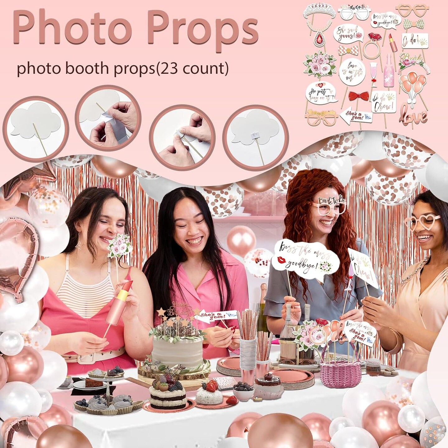 274 Pcs Rose Gold Bridal Shower Decorations, Bachelorette Party Decorations Favors - &#x22;BRIDE TO BE&#x22; Banner, Veil, Balloon, Photo Props, Tableware with Rose Gold for 25 Guests