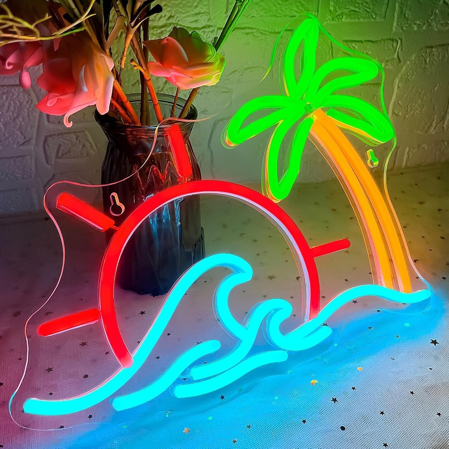 Summer Sunrise Sunset Neon Sign – Coconut Tree & Wave LED Light for Beach Home & Party Decor