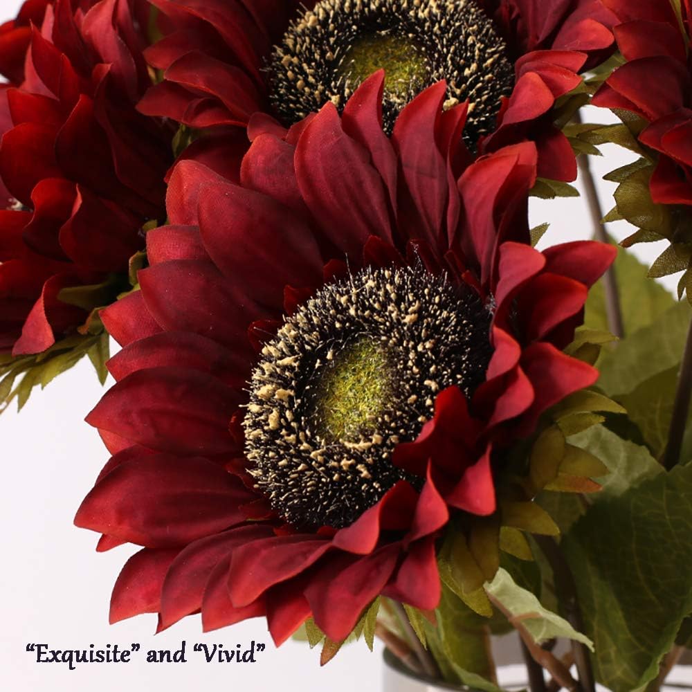 Summer Floral Arrangement - 7PCS Artificial Burgundy Sunflowers with Silk Flowers
