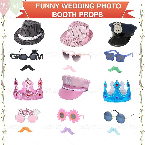 18 Pcs Fun Photo Booth Props Set for Adults, Novelty Funny Hats and Party Sunglasses, Colorful beards, Photo Booth Props Kit for Wedding, Bachelorette Party, Birthday, Costume, Events, All Occasions