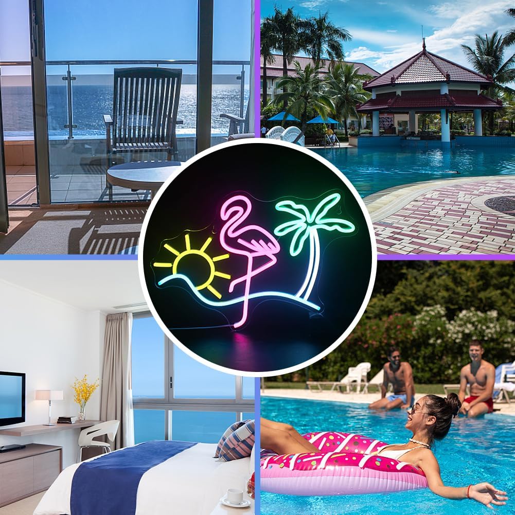 Summer Flamingo &#x26; Palm Tree Neon Sign &#x2013; Wall Decor for Home Bar, Beach Restaurant &#x26; Party (16.5&#x22; x 12.2&#x22;)