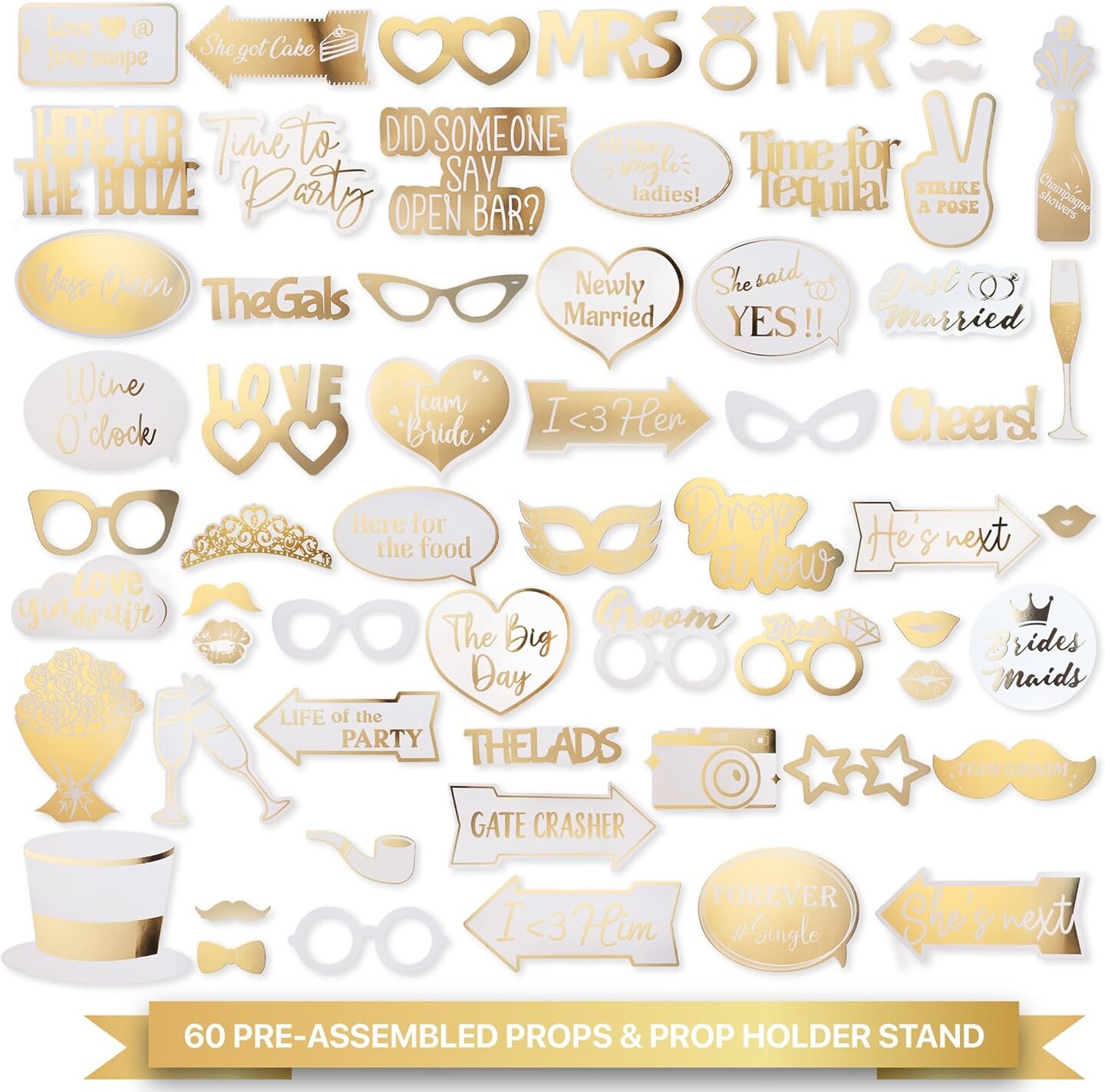 60PCs Fully Assembled Wedding Photo Booth Props - Prop Stand - Gold Signs - Elegant Wedding &#x26; Reception Party Supplies- Funny Wedding Props -Gold Foil Print &#x2013; Bridal PhotoBooth