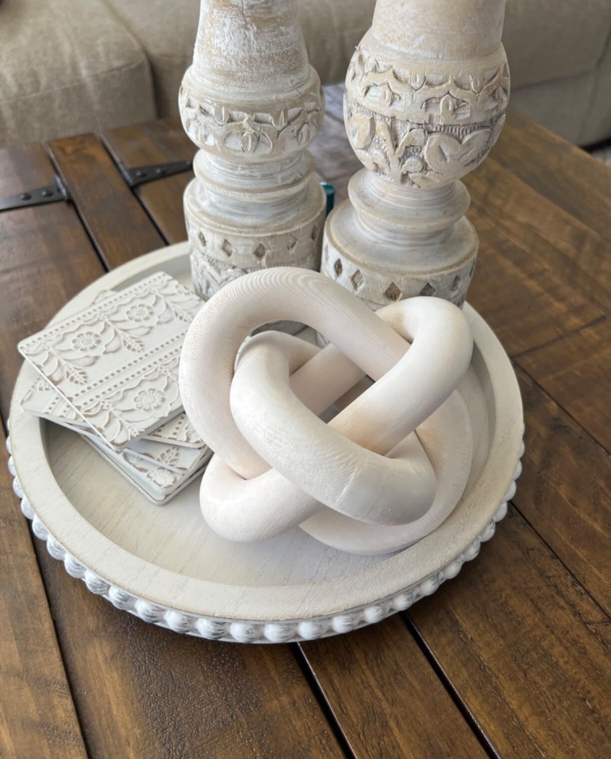 Wood Knot Chain Link Decor white Boho Wooden knots for Home Living Room, Coffee Table, Book Shelf Decoration, Modern Shelf