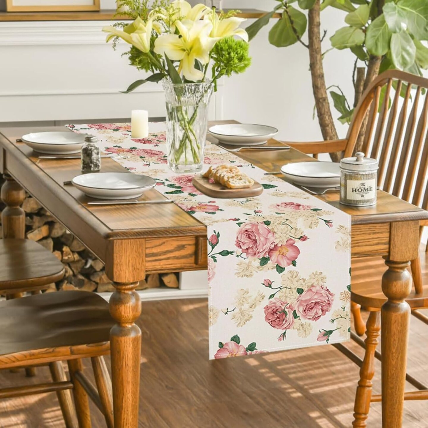 Spring Pink Peony Table Runner 13x72 Inch Spring Pink and Yellow Flowers Kitchen Dinning Table Decoration for Indoor Outdoor Home Party D&#xE9;cor