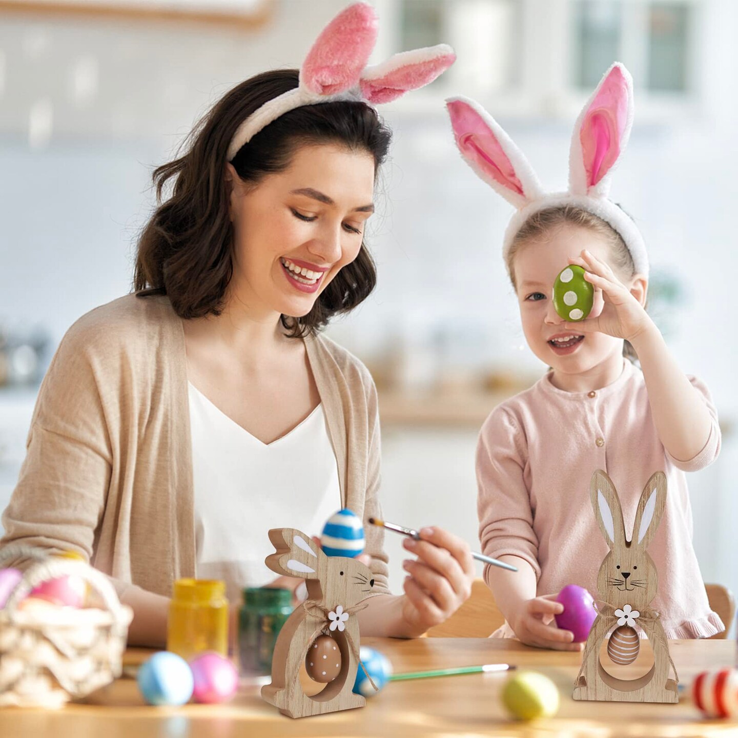 2Pcs Easter Decorations for The Home Farmhouse Rustic Wooden Bunny with Egg Tiered Tray Happy Spring Decoration for Indoor Home Party Tabletop Decoration Easter Gifts for Kids