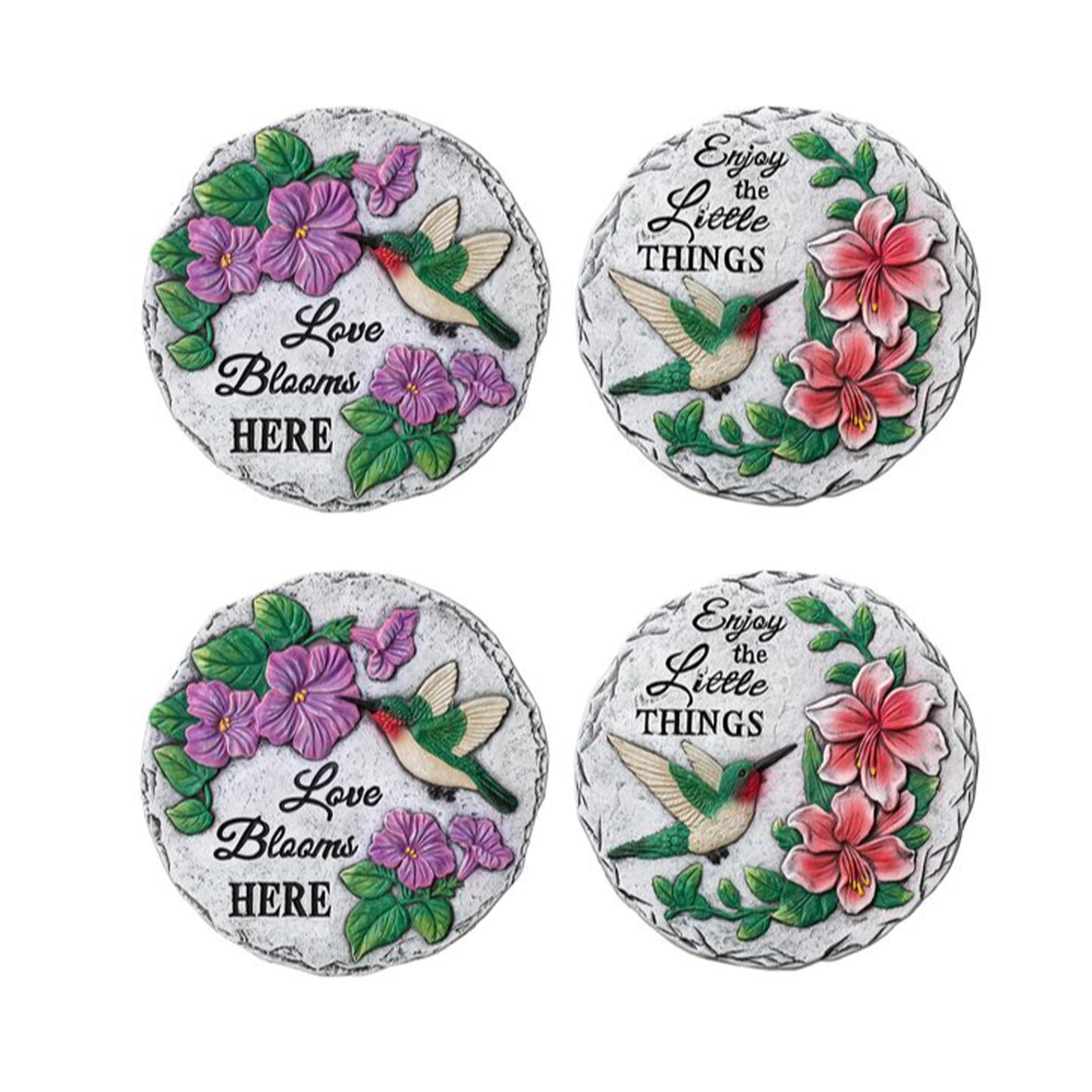 10"D Set of 4 Cement Hummingbird and Flower Textured Stepping Stones