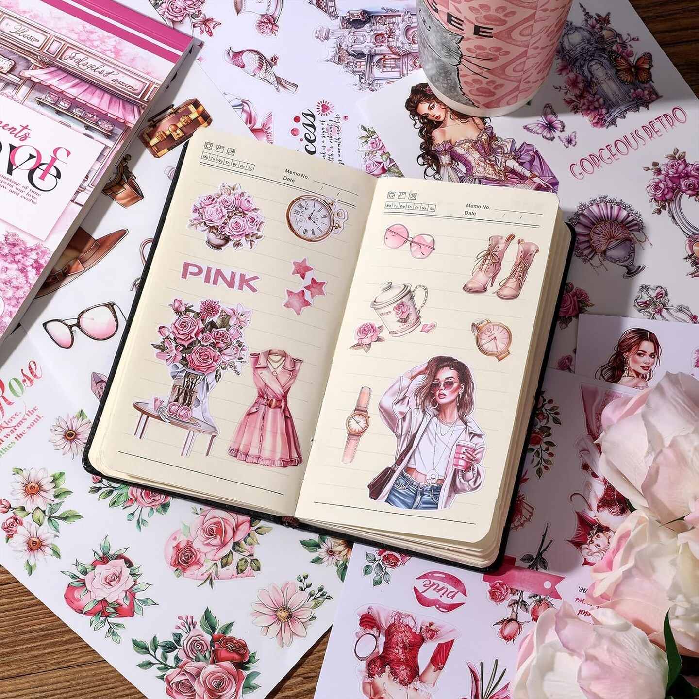 200 pcs - Vintage Scrapbook Stickers (Pink) 8 x 6 x 0.25 inches