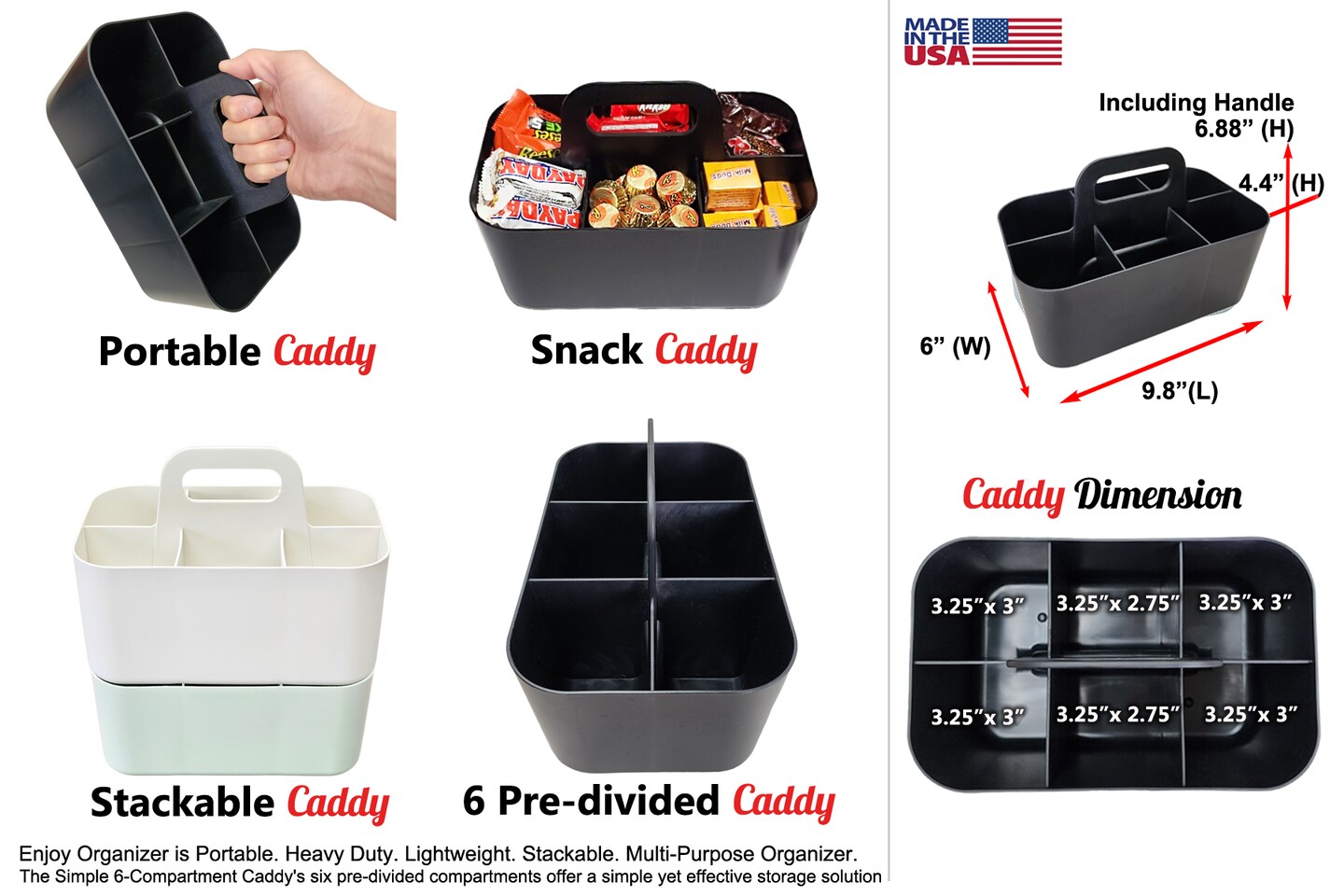 Enjoy Organizer 2 Pack Small Stackable and Portable Simple 6-Compartment Art Caddy - Made In USA