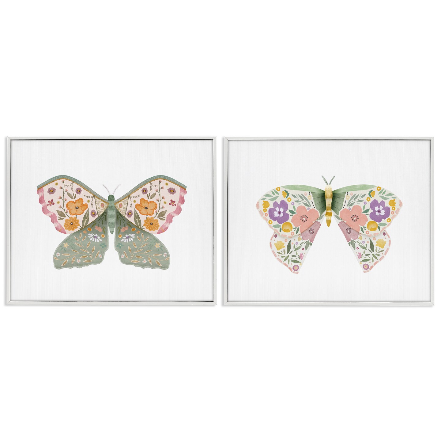 Stupell Industries Folk Florals Butterflies 2pc Framed Giclee Wall Art Set Design by Kim Allen