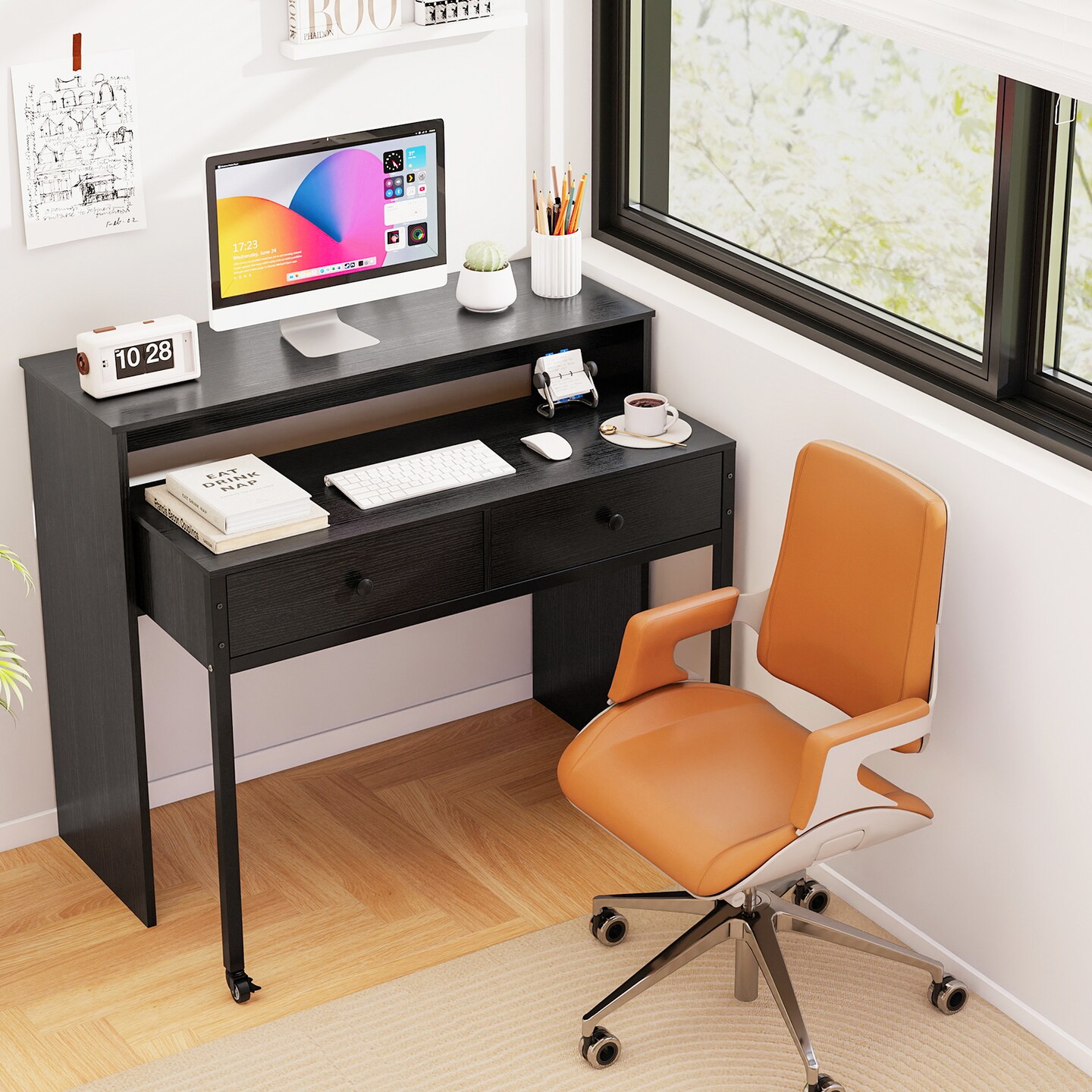 Extendable Home Office Computer Desk with 2 Drawers and Rolling Base