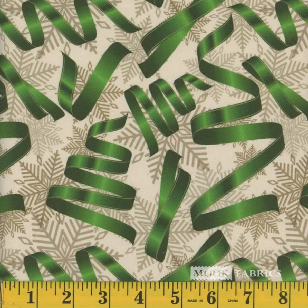 Mook Fabrics Christmas Green Ribbons Silver Snowflakes 100% Cotton Fabric By the yard