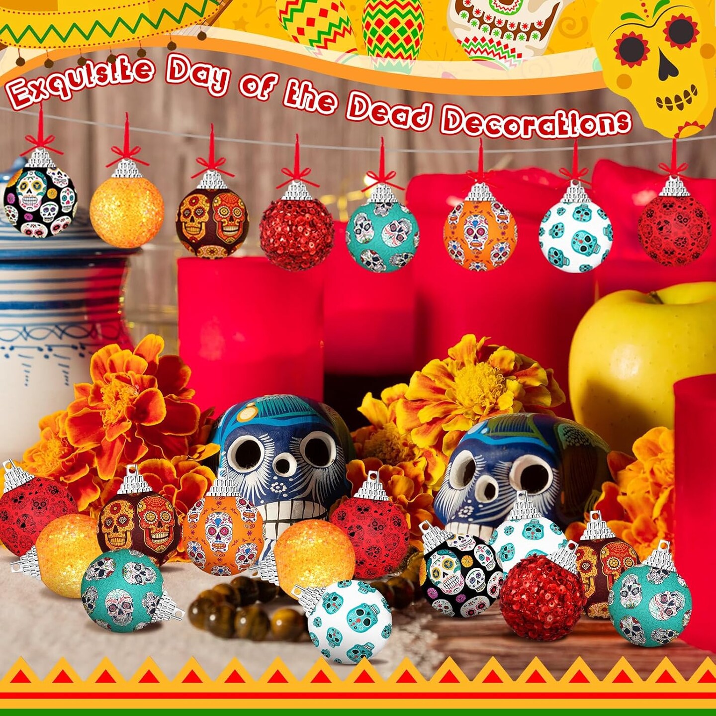 16 Pcs Day of The Dead Ball Ornaments Dia De Los Muertos Hanging Skull(Day of the Dead)