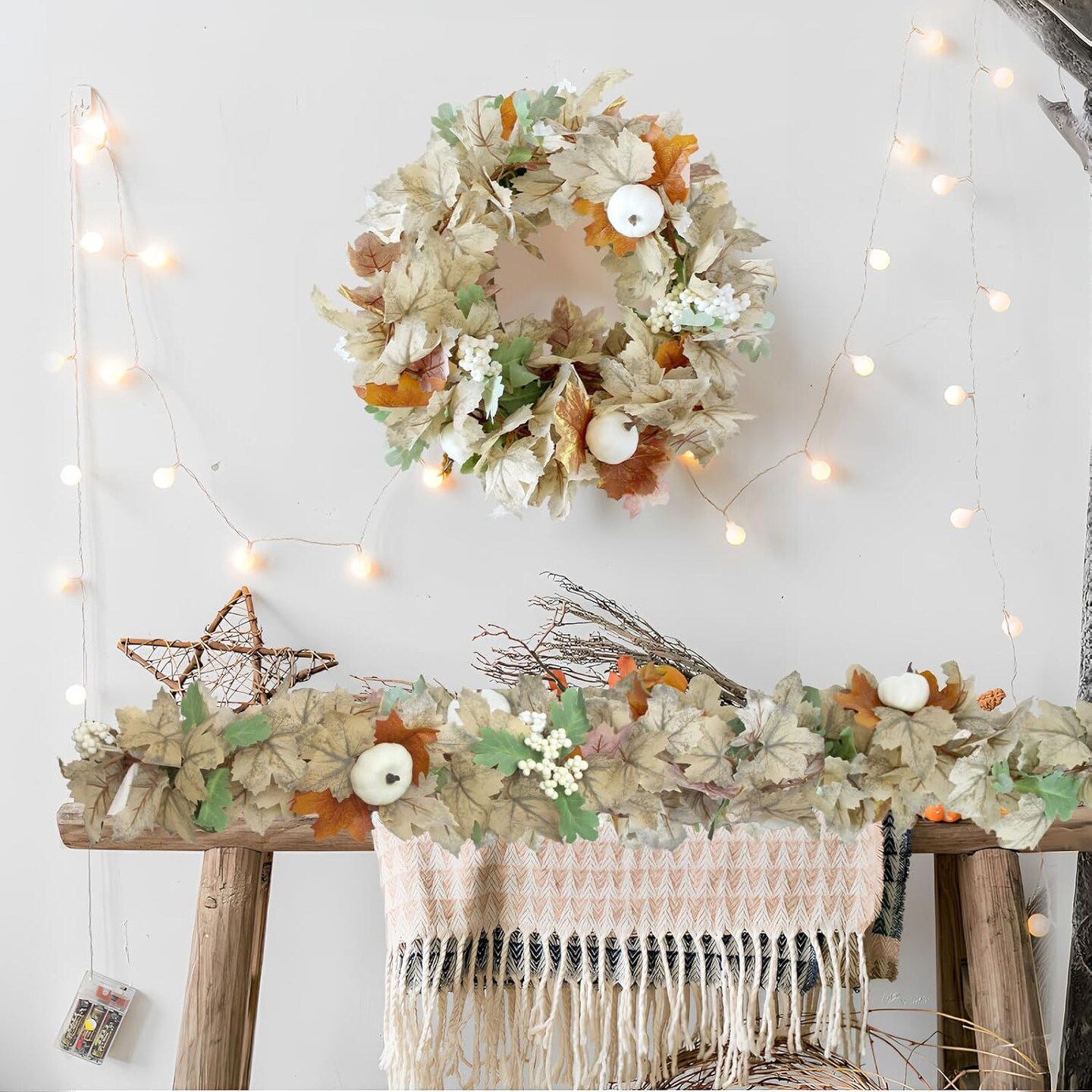 2 Pack Fall Leaf Garlands for Mantle Fireplace, 5.8Ft Autumn Leaves Decor(White)v