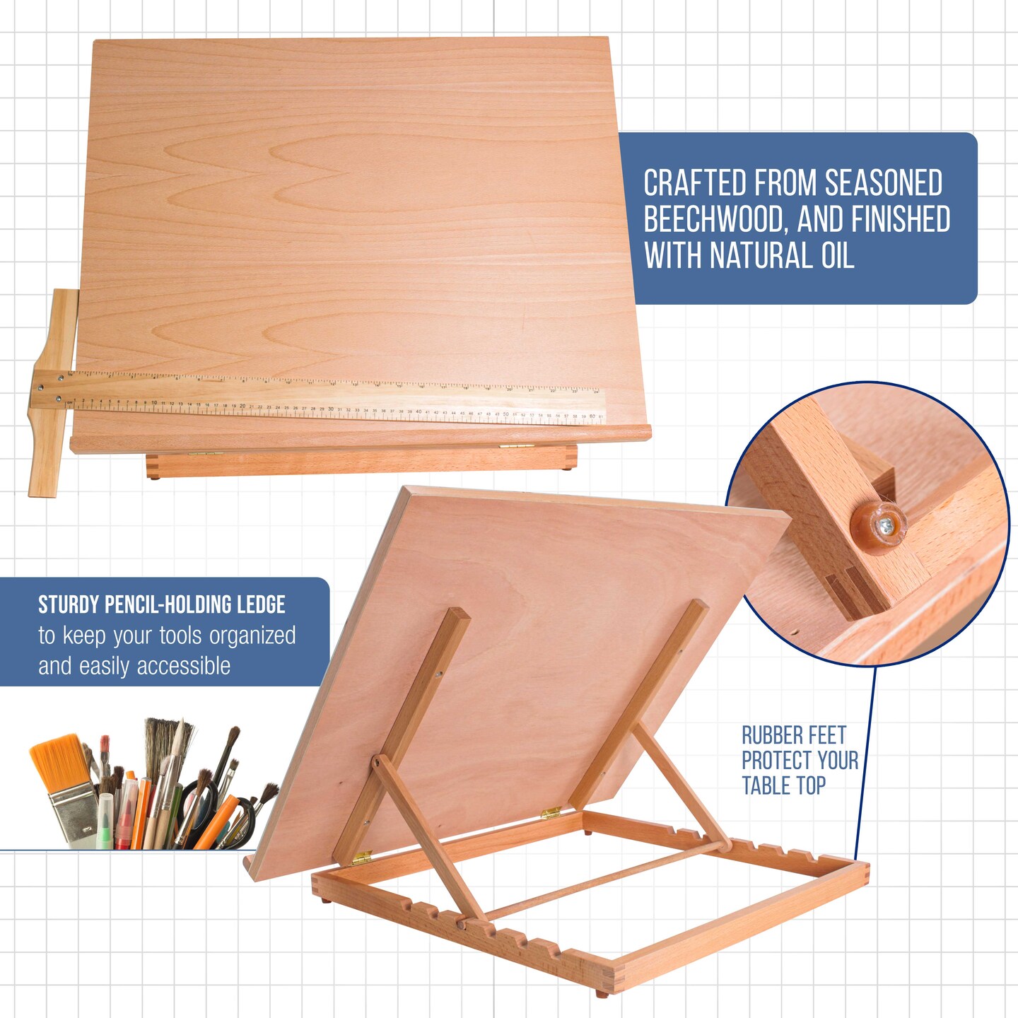 X-Large 26" x 21" Wooden Drawing Board, Adjustable Table Top Easel for Painting and Drawing - Drafting Board with T-Square, Pencil Ledge