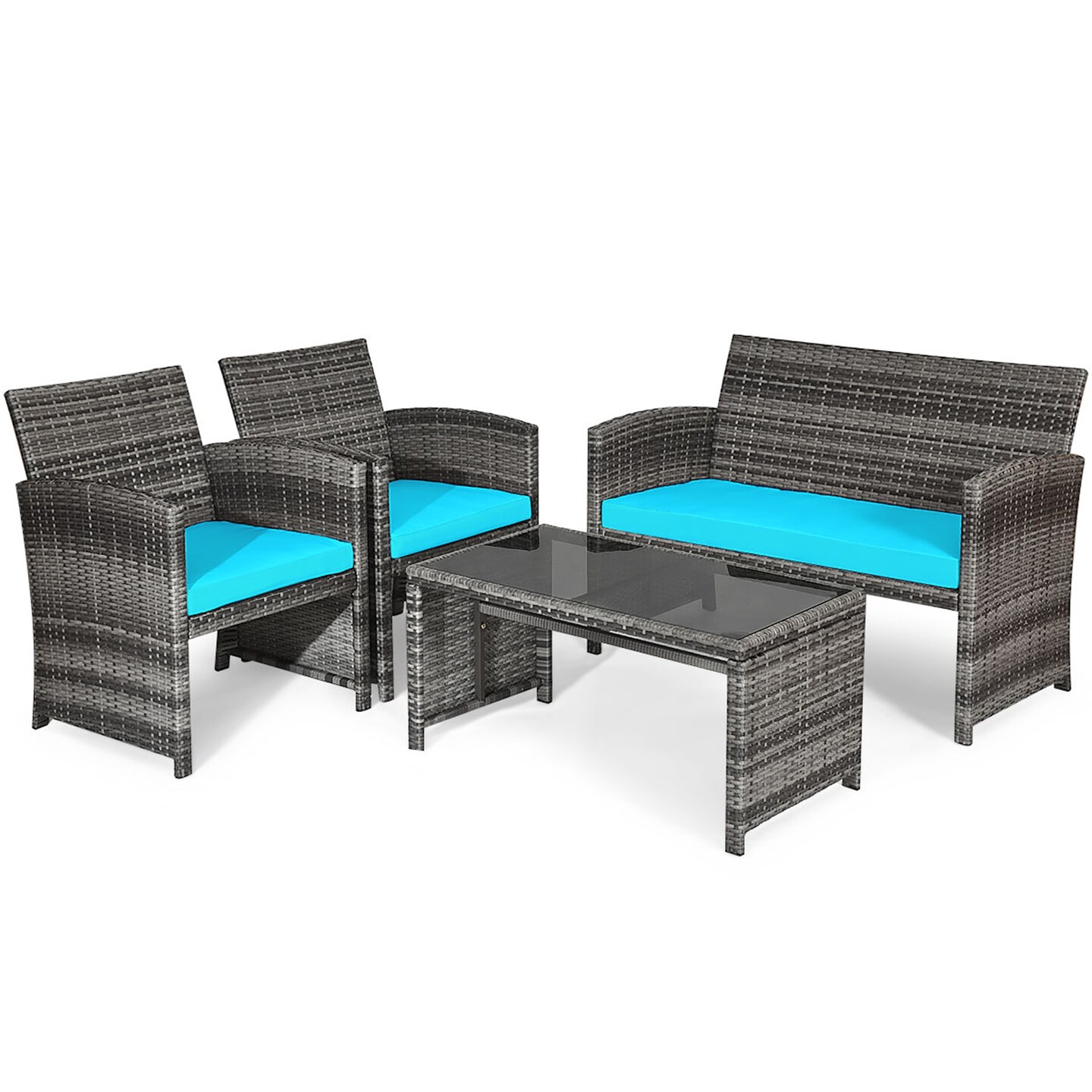 Costway 4PCS Patio Rattan Furniture Set Conversation Glass Table Top Cushioned Turquoise/Red/Grey/Beige/Navy/Black