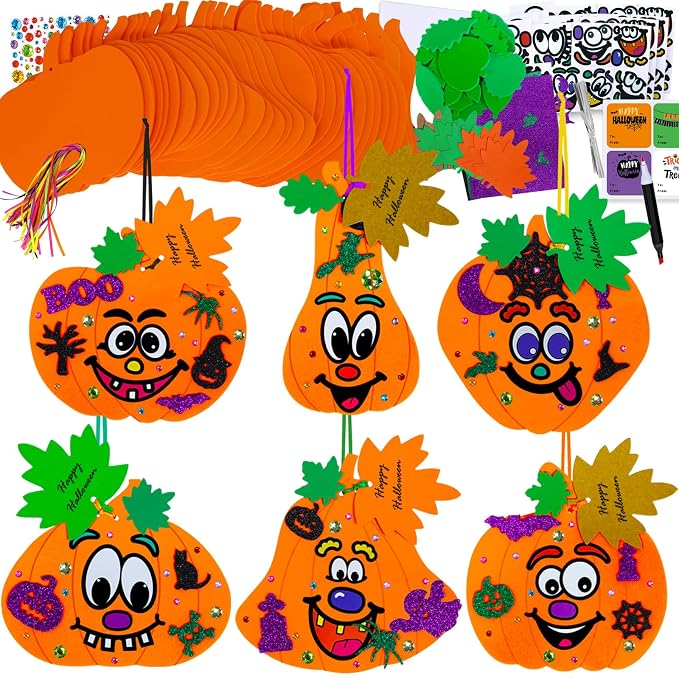 36-Set DIY Foam Pumpkin Craft Kits – Halloween Jack-O’-Lantern Stickers, Glitter Foam Shapes & Maple Leaf Decorations for Kids Party Favors, Classroom Activities & Fall Holiday Crafts