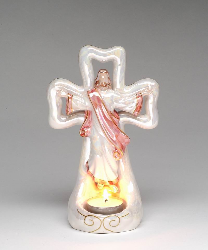 Ceramic Jesus with Cross Tealight Candle Holder, Religious Décor, Religious Gift, Church Décor, Church Gift, Baptism Gift