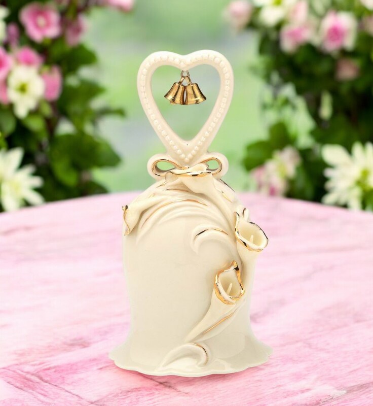 Ivory Ceramic Bell with Calla Lily Flowers and Golden Accents, Wedding Decor, Anniversary Decor