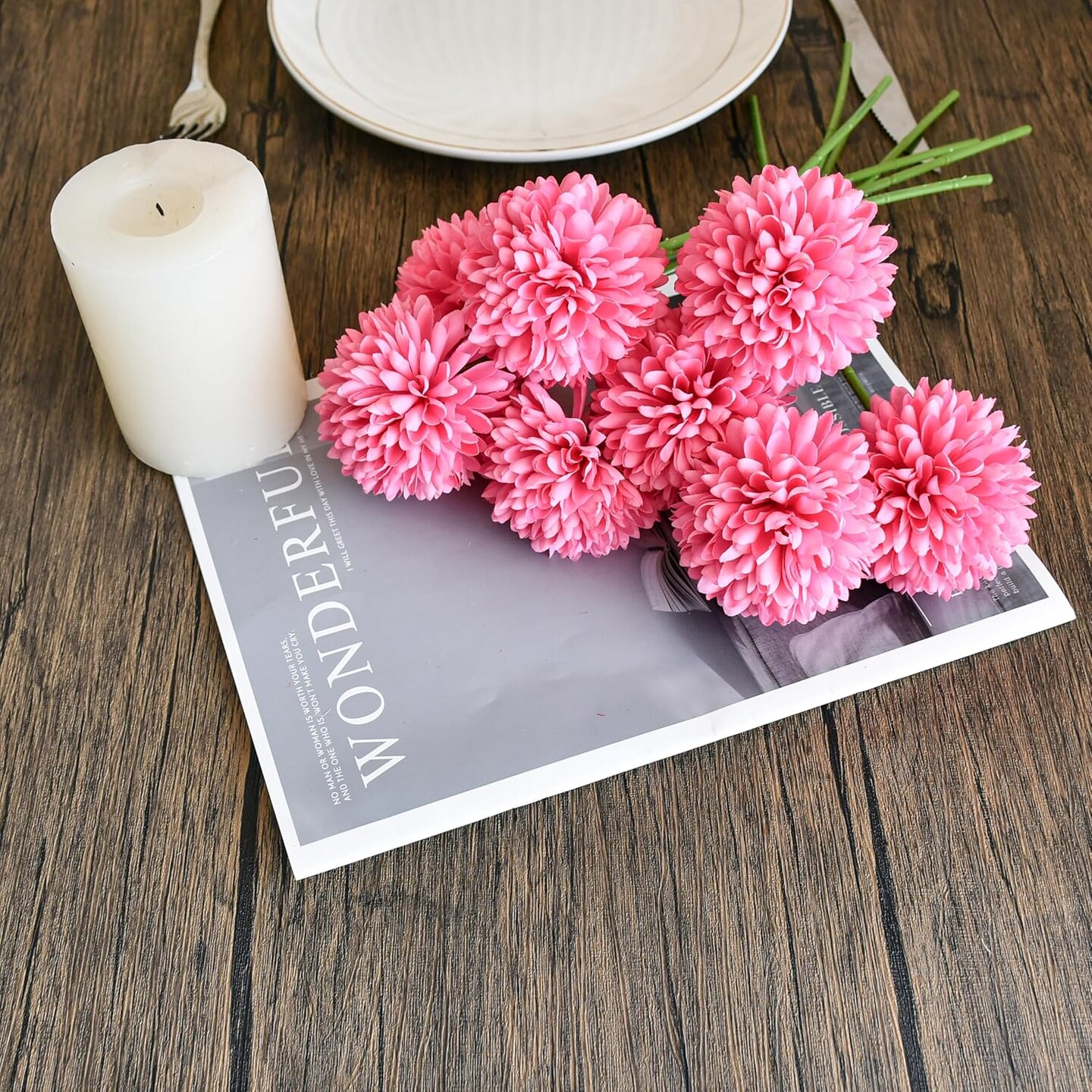 12 Artificial Ball Chrysanthemum Flowers with Stems - Hot Pink