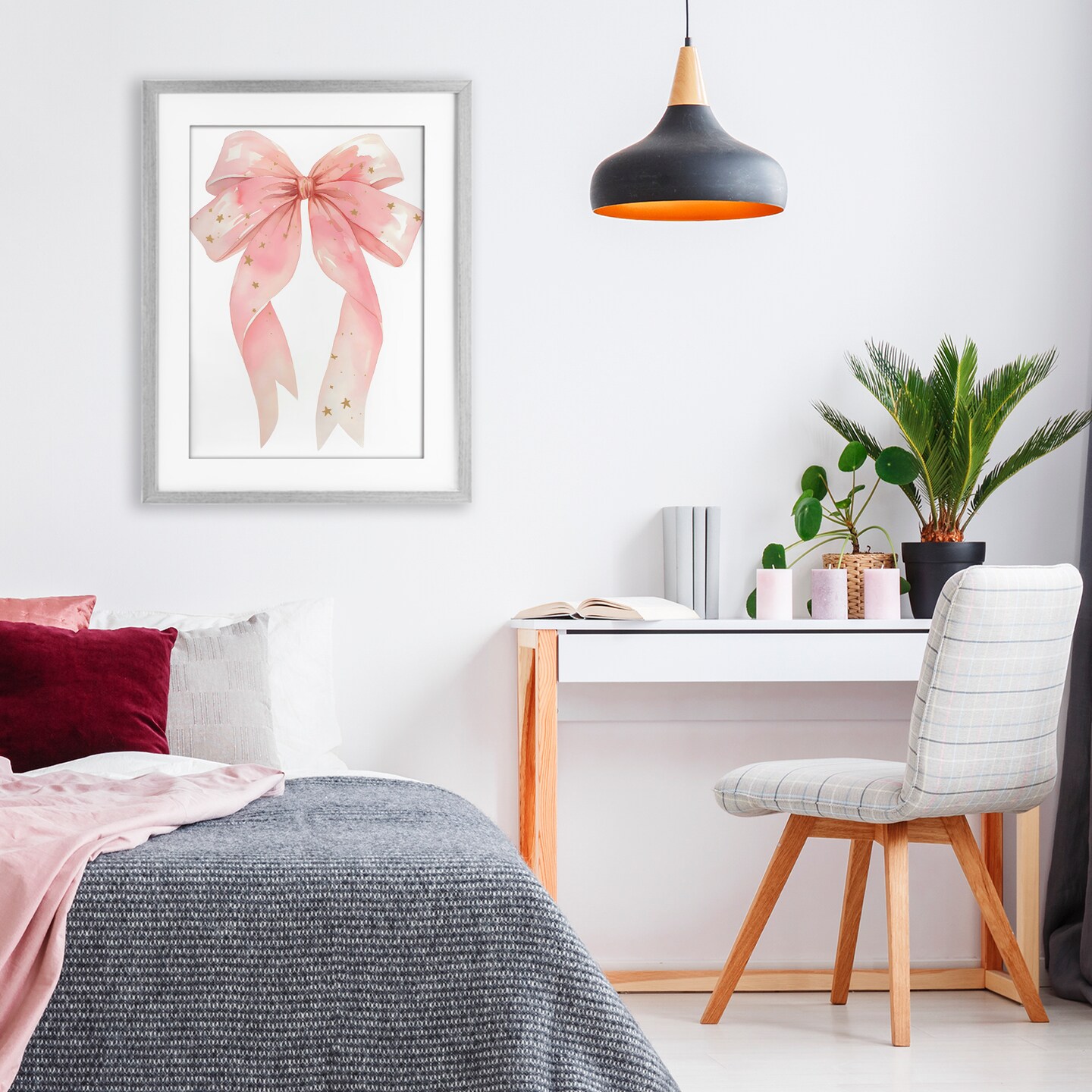 Stupell Industries Pink Bow With Gold Stars Black Framed Print Under Glass, design by Creative Studio