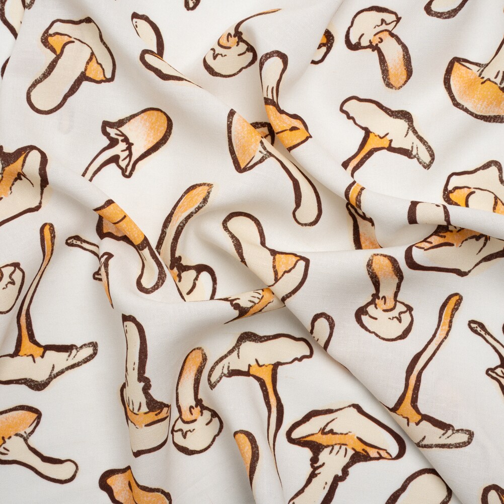 1 Yard Lightweight Viscose-Linen Woven Mushroom Print Beige and White on White