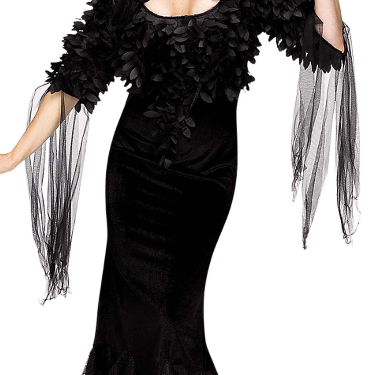 Women Raven Mistress Costume Black Floor Length Gown with Feather Shrug