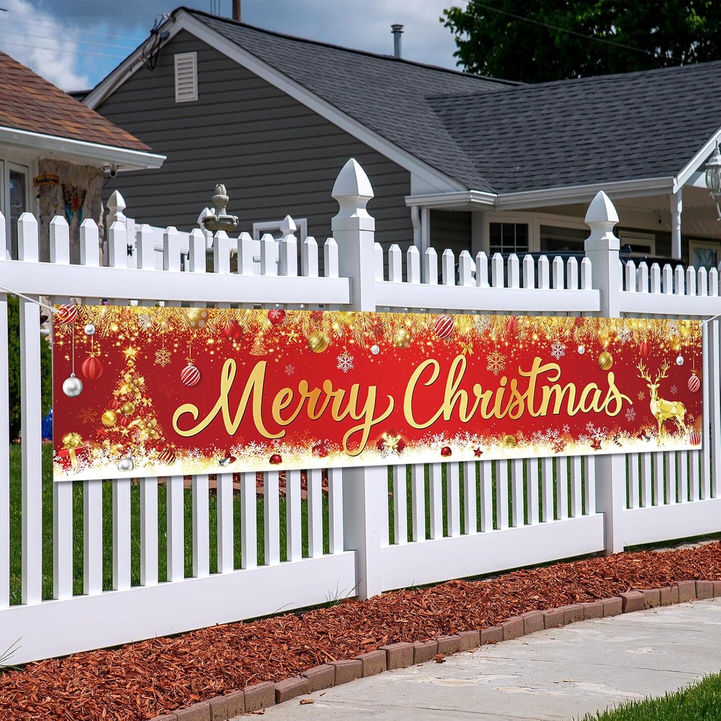 Merry Christmas Banner - Red and Gold Large Outdoor Xmas Tree Elk Banner(Red)9.8&#x22;L x 2&#x22;W