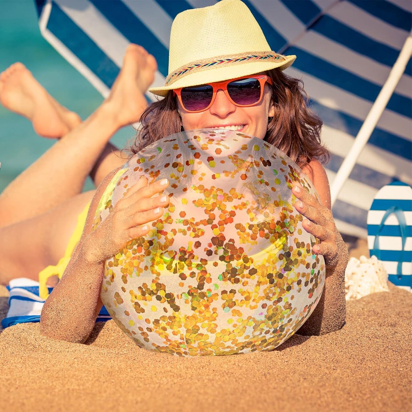 10 Pcs Inflatable Glitter Beach Balls 16 Inch Sparkly Confetti (Gold)