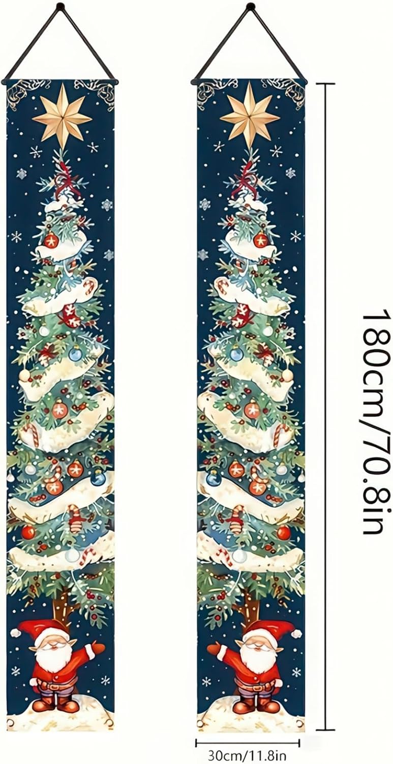 Merry Christmas Banner Hanging Porch Sign - Christmas Tree and Santa (71 x 12 Inch)