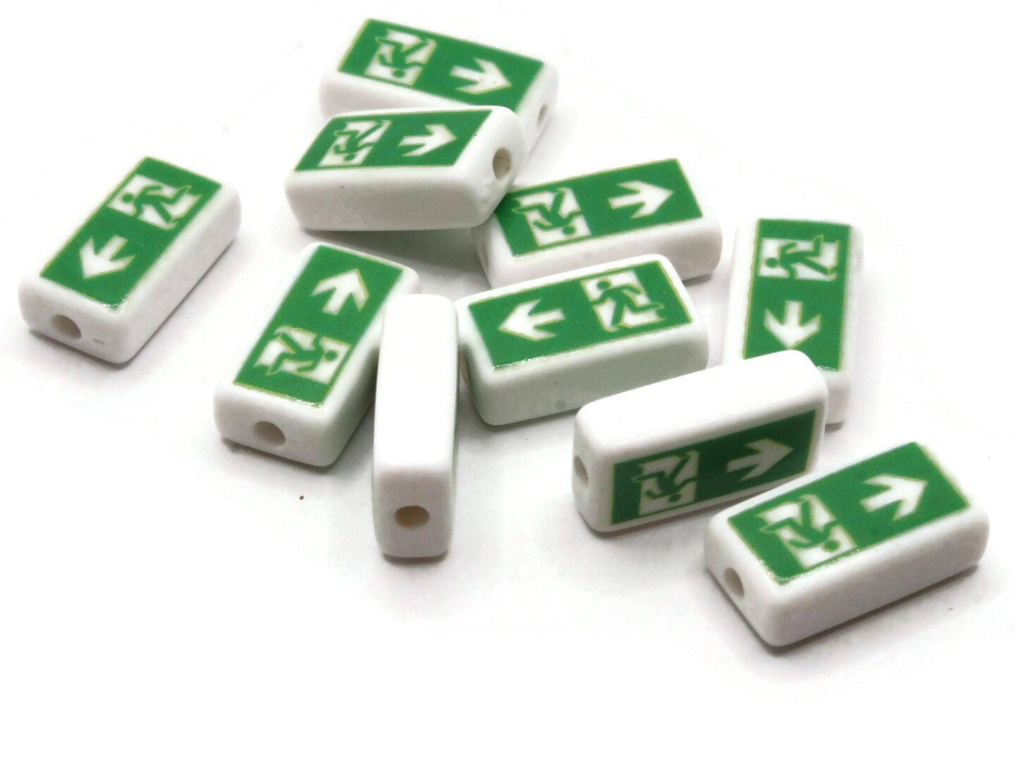10 18mm Flat Rectangle Emergency Exit Beads White and Green Beads Plastic Beads to String