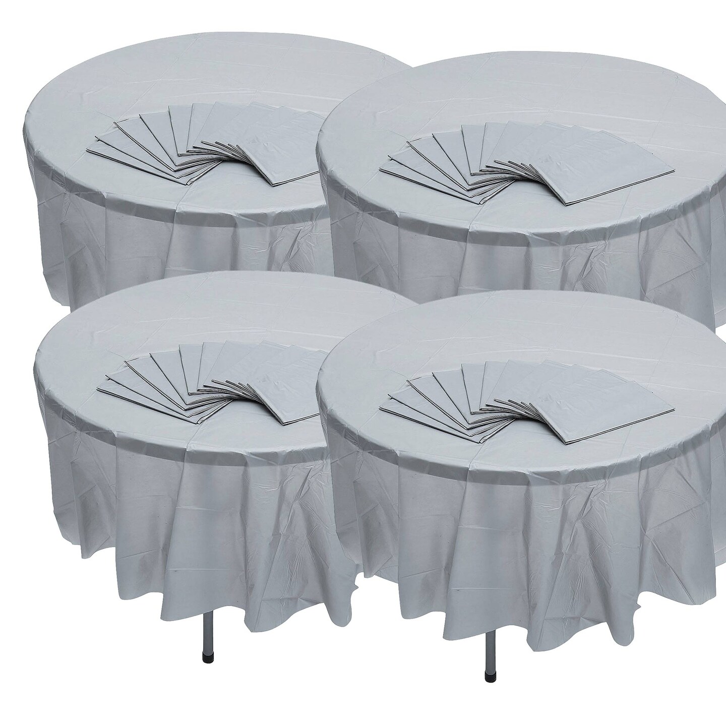 6 Ft. 10&#x22; Bulk 12ct Silver Round Disposable Plastic Tablecloths