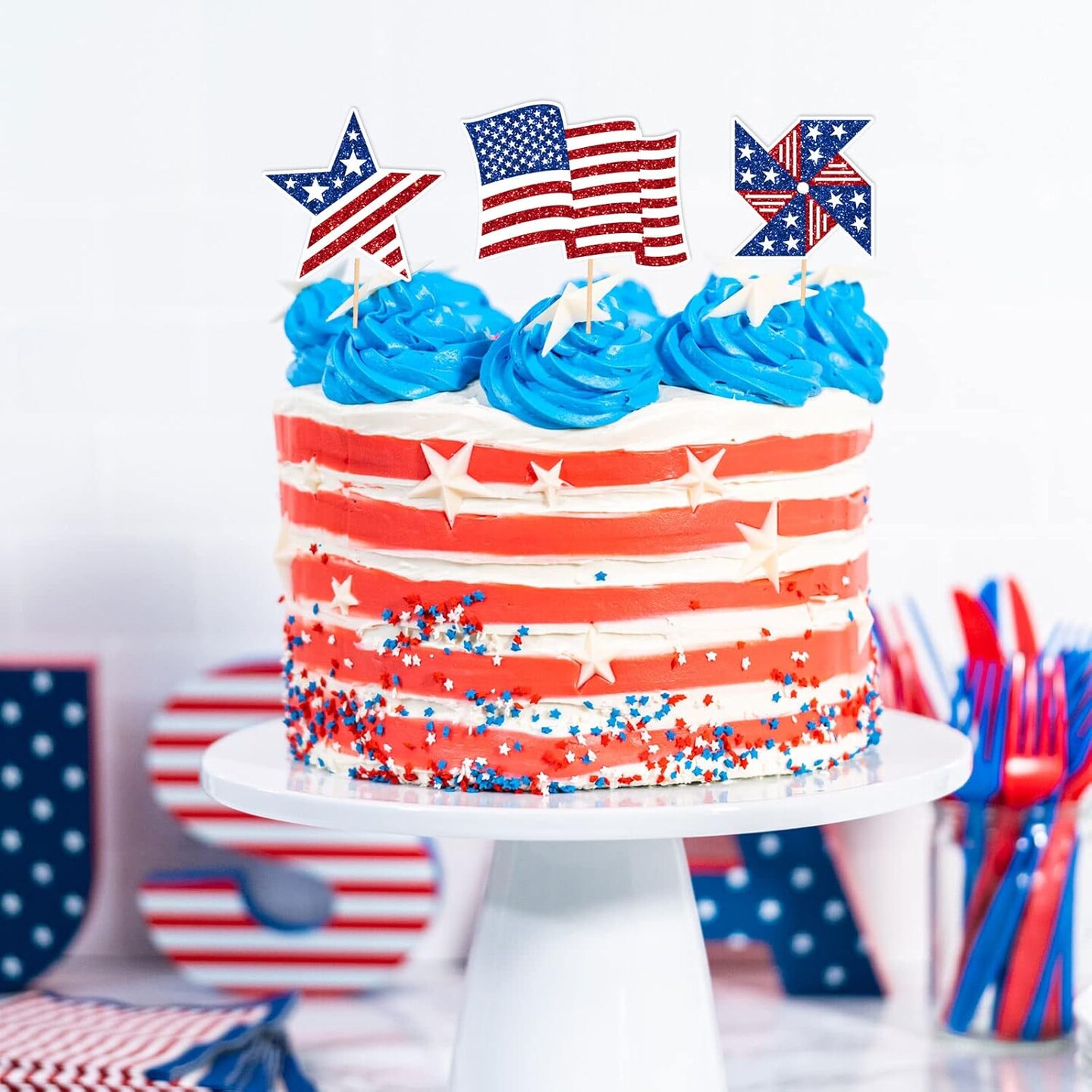 72-Piece Patriotic Cupcake Toppers, 4th of July Glitter Cupcake Picks with 12 Cartoon Red, White, & Blue Designs, Food Picks with Sticks and Glue Points for Independence Day, Memorial Day, and Party Cake Decorations
