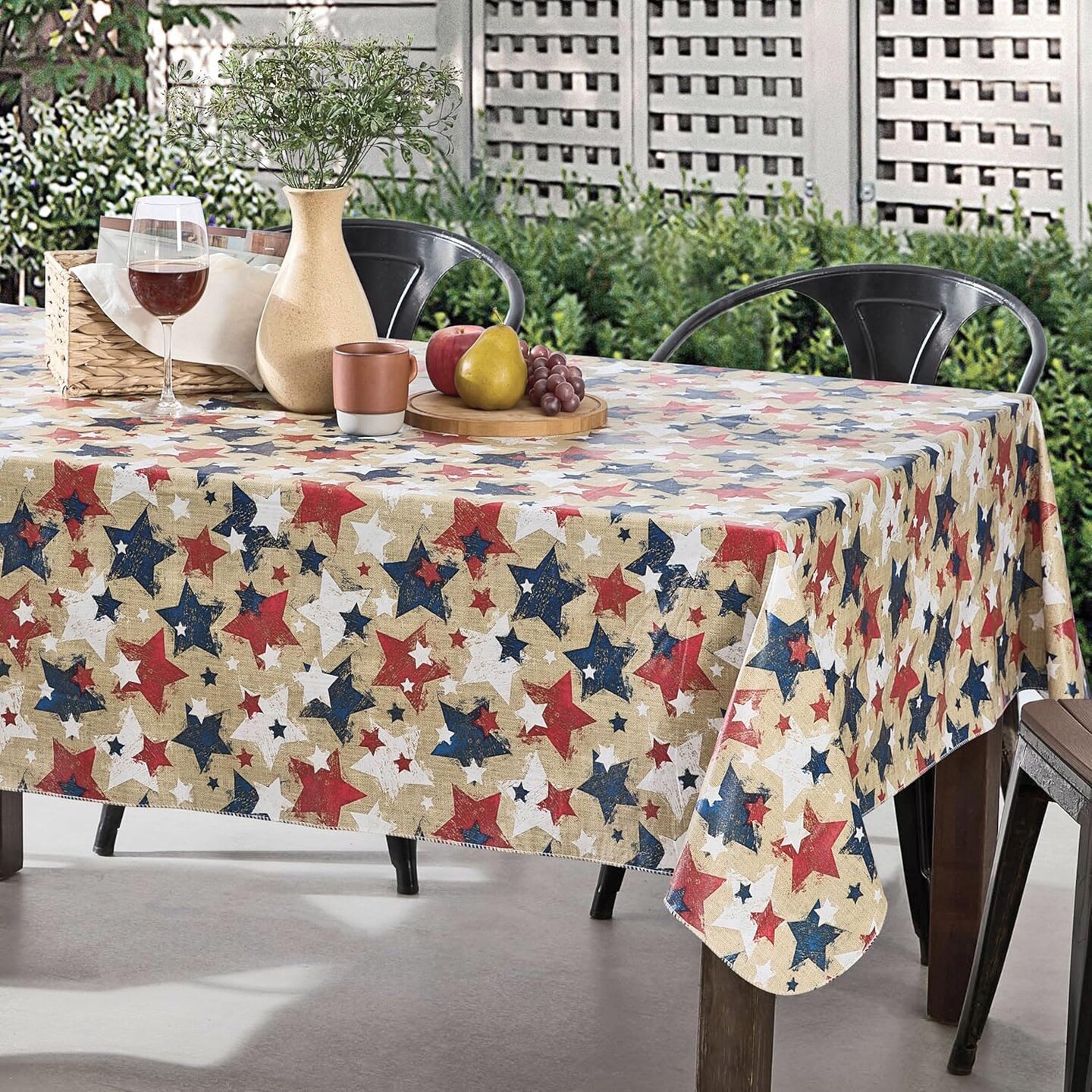 Rectangle Fabric Tablecloth, 52 x 70 Inch, Burlap Stars, Indoor Outdoor Stain Resistant Fabric Table Cover for Barbecue Parties and Dining, Patriotic Americana