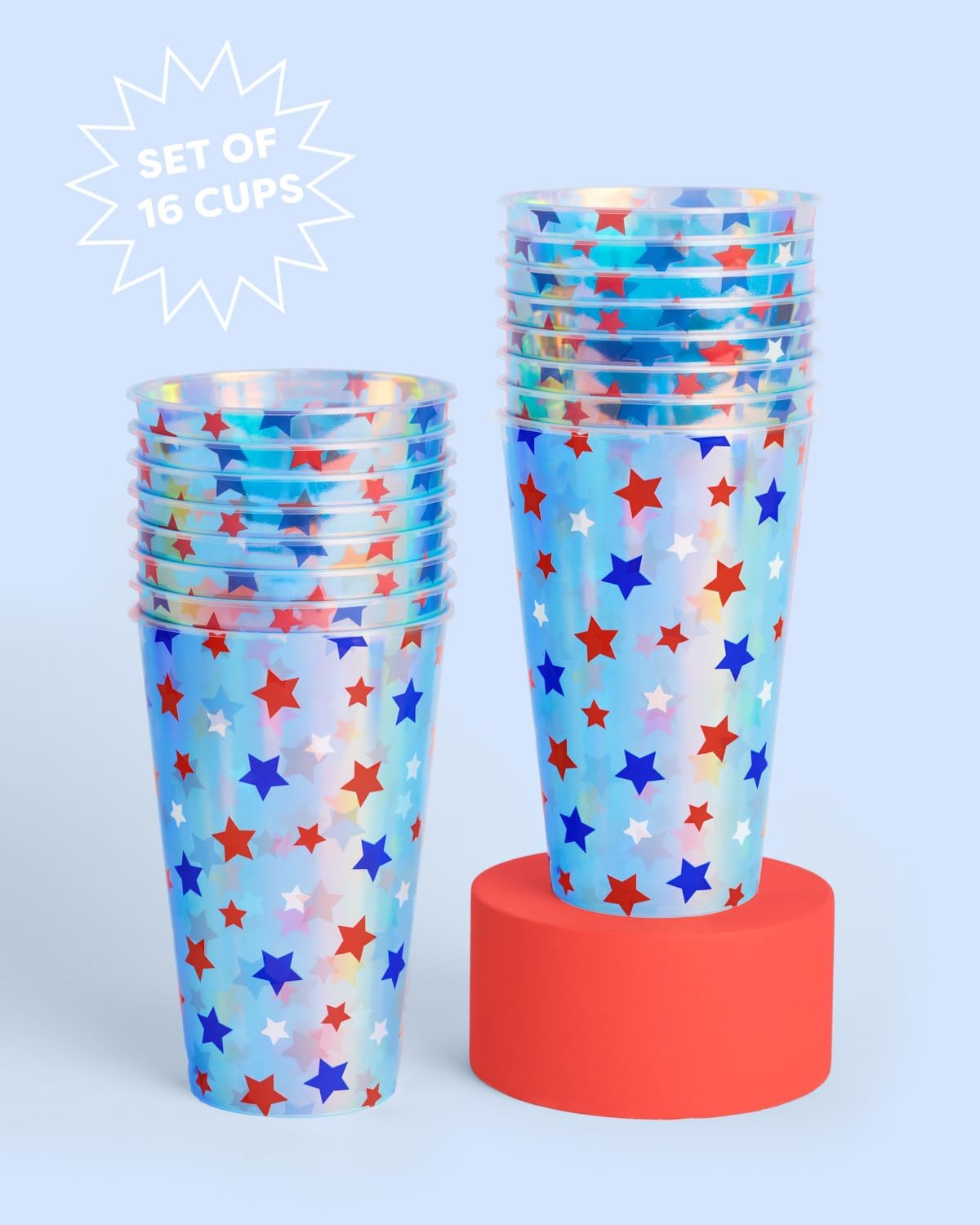 Fetti Fourth of July Party Decorations Iridescent Plastic Cups - 16 Disposable 16 oz Cups | USA Party Favors, American Flag Party Supplies, 4th of July Decorations, Red White and Blue Decor